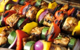 Chicken and vegetable kebabs add helpful potassium to your diet.