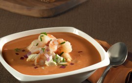 Tomato soup with Sea Best Shrimp and Goat Cheese